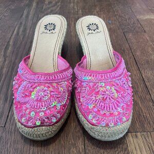 Beaded Pink Espadrilles with a Wedge Heel - Size 8